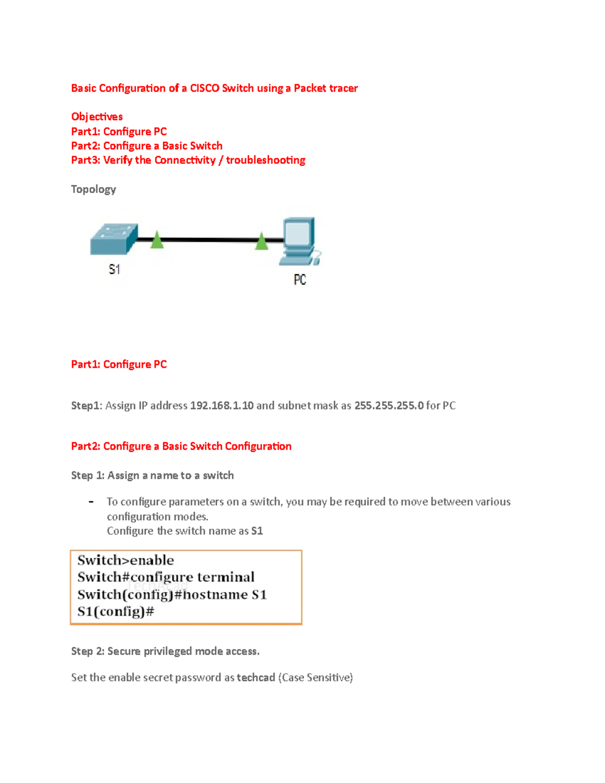 Cisco Switch Basic Config Lab - Packet Tracer Guide - Studocu