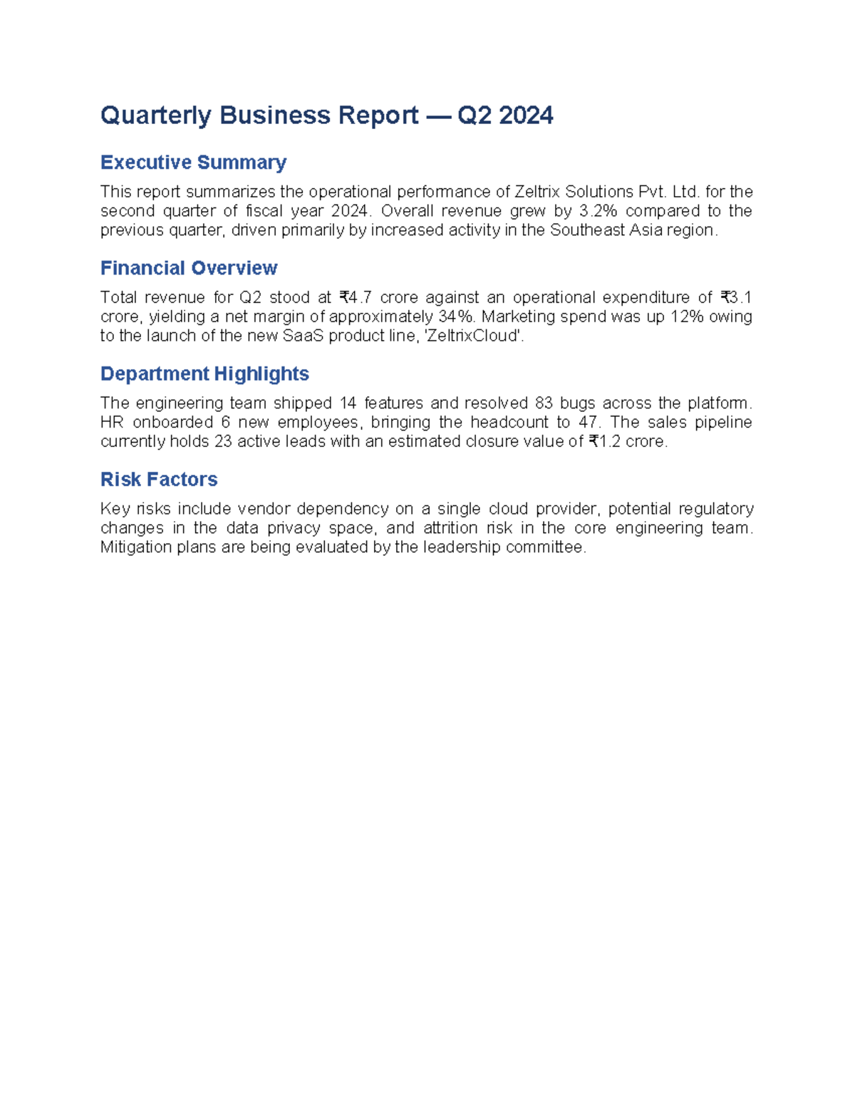 Quarterly Business Report Q2 2024: Executive Summary - Studocu