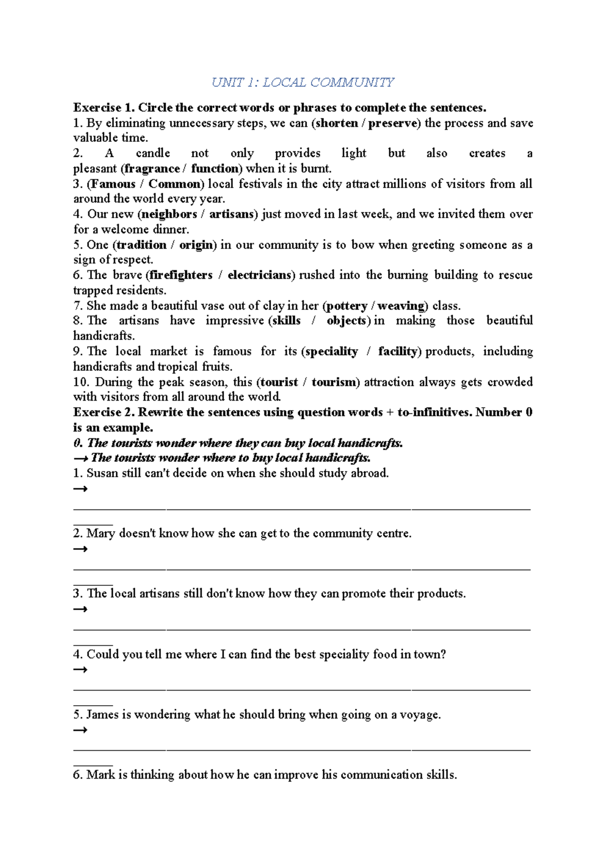UNIT 1: LOCAL COMMUNITY Exercises and Activities - Studocu