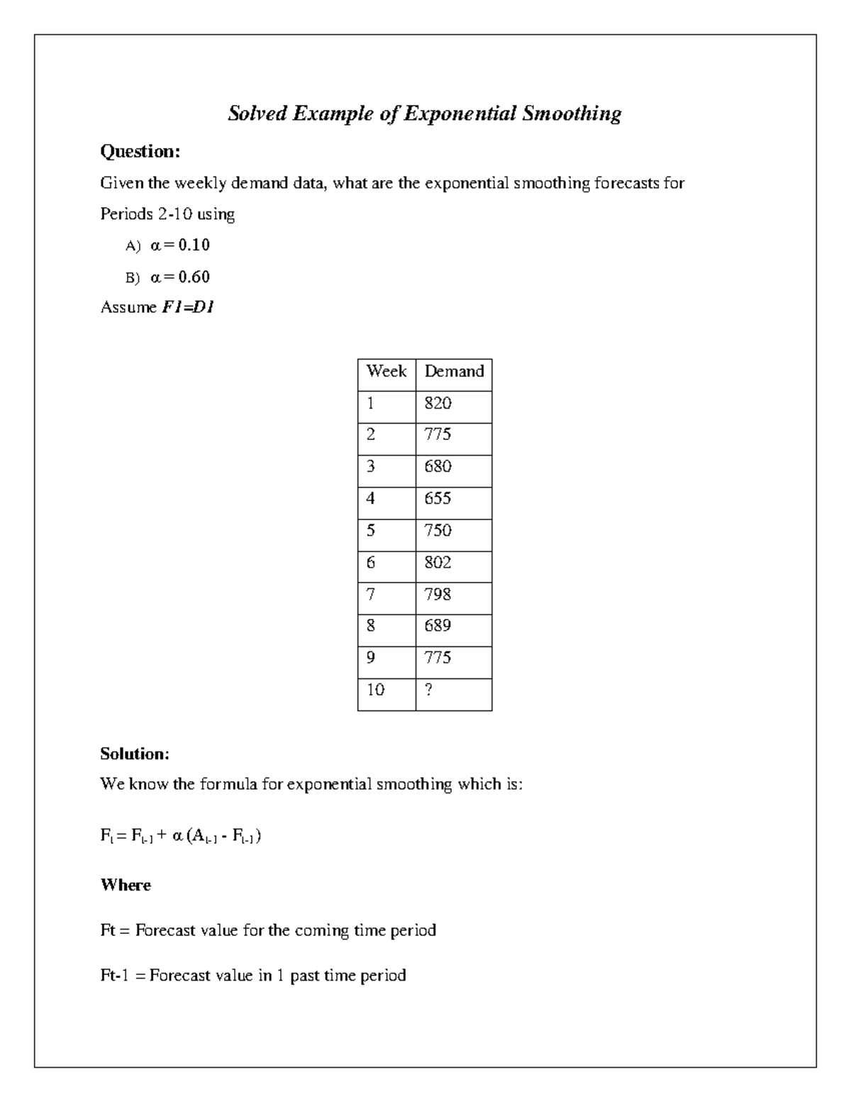 Exponential Smoothing Forecasts: Solved Example for α = 0 & 0.6 - Studocu