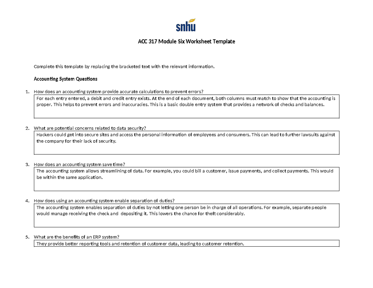 ACC 317 Module Six Worksheet: Accounting Systems & Variances - Studocu