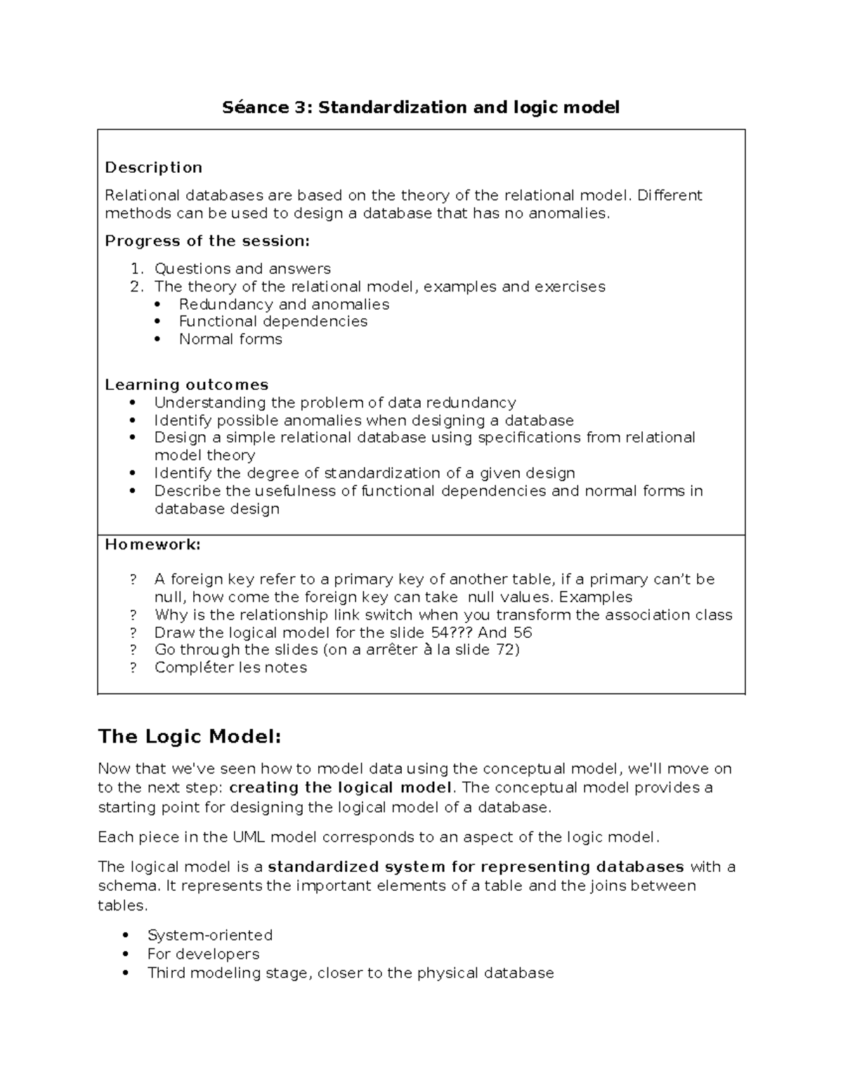 Séance 3: Standardization and Logic Model in Relational Databases - Studocu