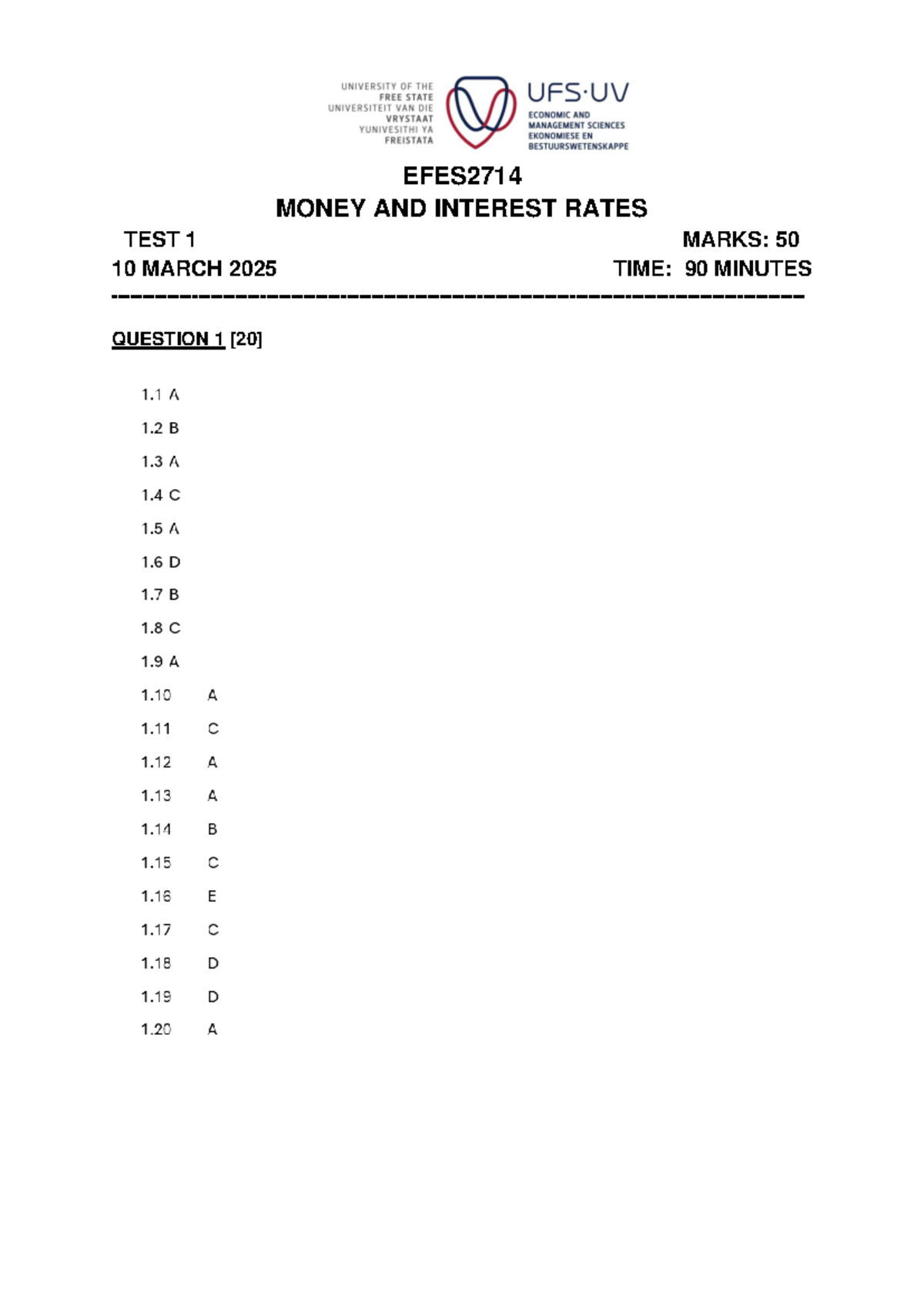 EFES2714 MONEY AND INTEREST RATES TEST 1 MEMO PRACTICE PAPER 2025 - Studocu