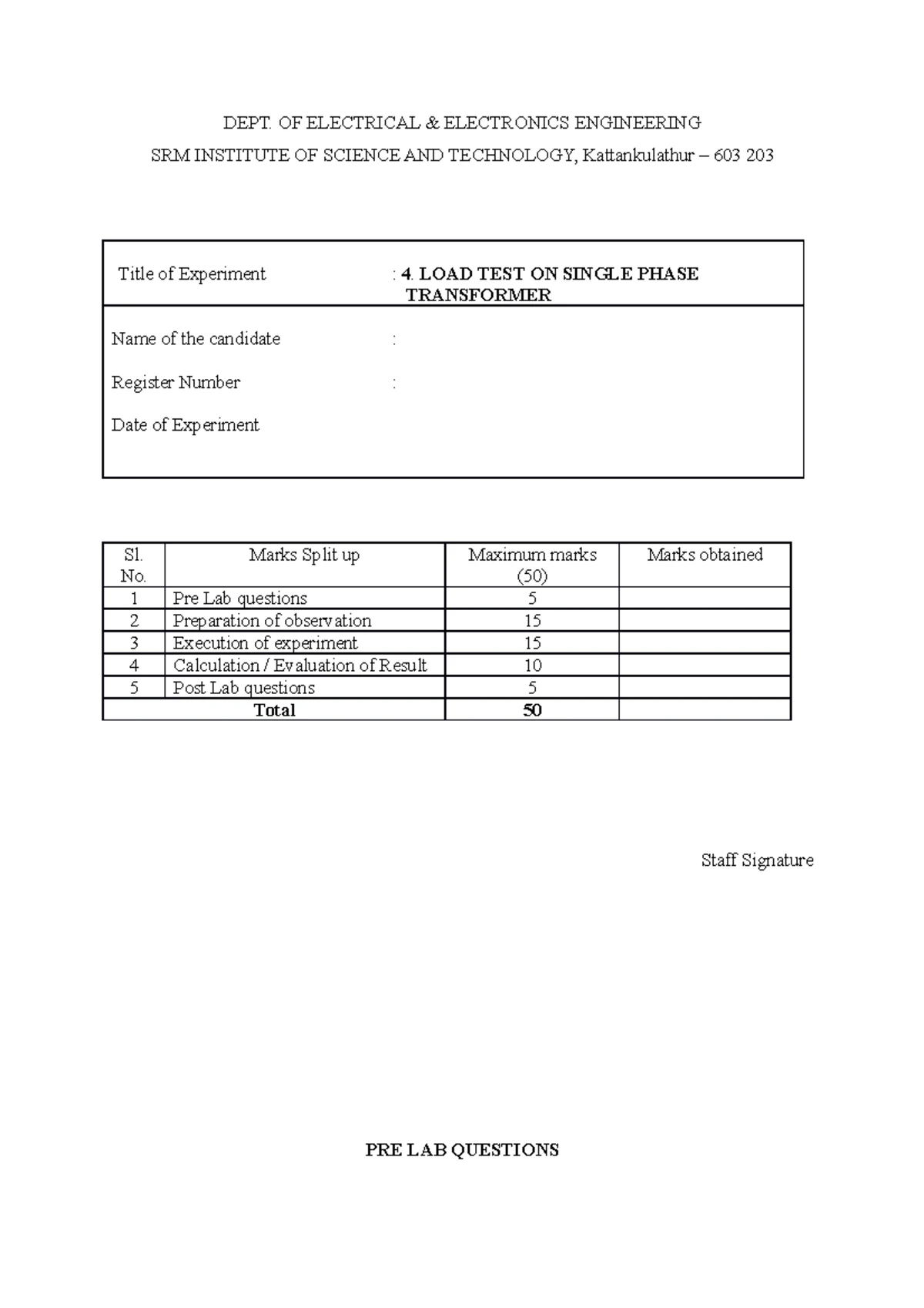 BEEE EXPERIMENT 2 - DEPT. OF ELECTRICAL & ELECTRONICS ENGINEERING SRM ...