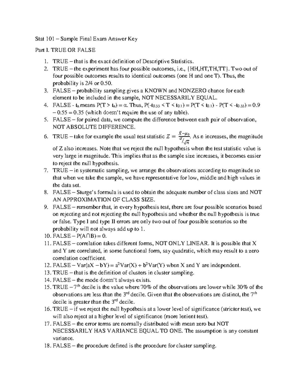 Stat 101 - Sample Final Exam Answer Key - Introduction to Statistics ...