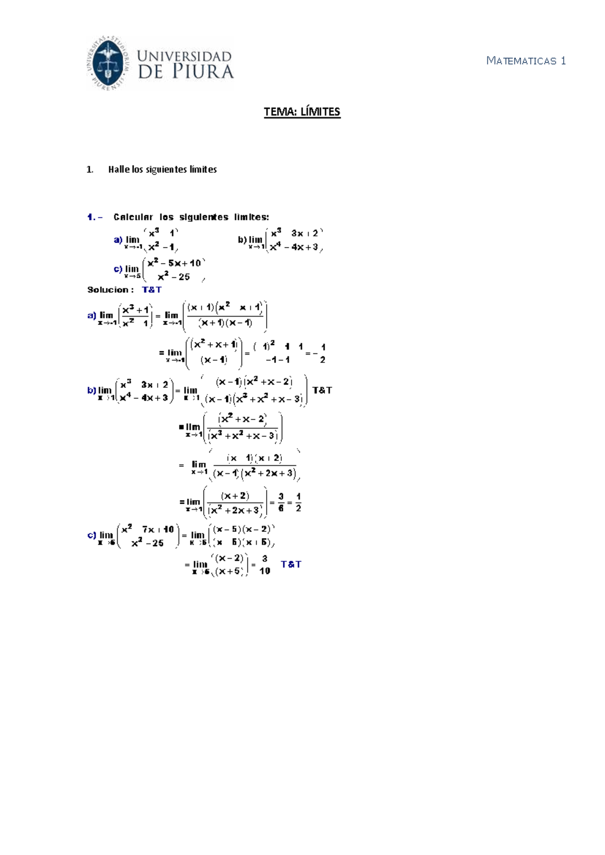 MATEMATICAS 1: Taller 3 sobre Límites y Definiciones - Document Preview