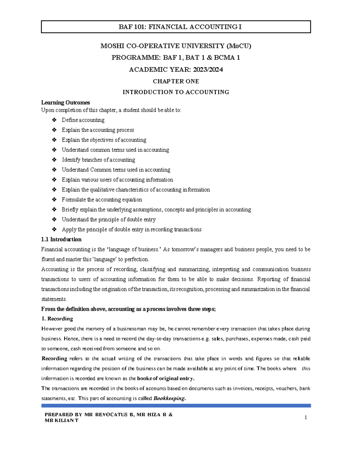 BAF 1 & BAT 1: Intro to Financial Accounting - Chapter One Overview ...