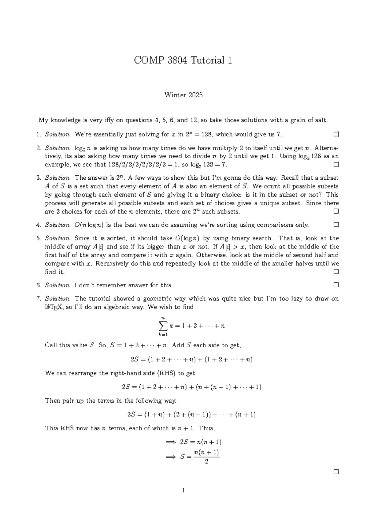 COMP 3804 Tutorial 1 Winter 2025 - Detailed solution notes - Studocu