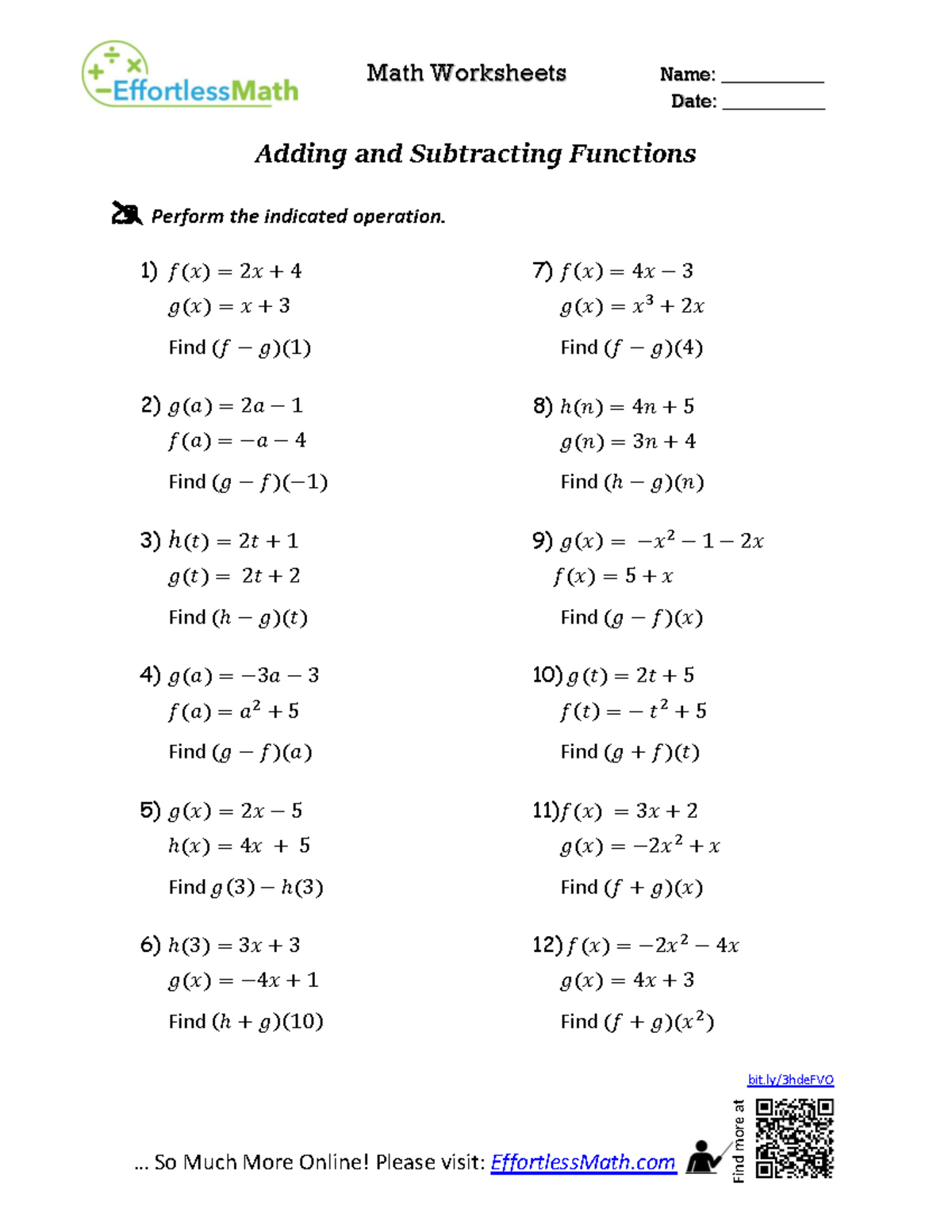 Adding and Subtracting Functions - Math Worksheets Name ...