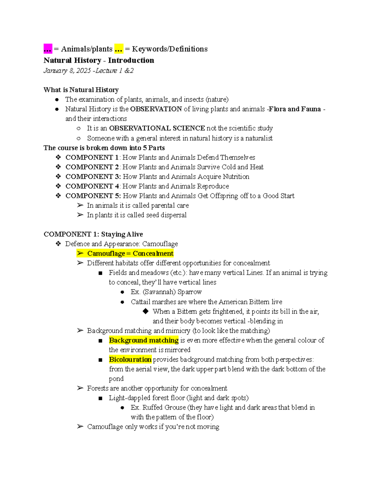 BIOL1902 Notes (Natural History) - ... = Animals/plants ... = Keywords ...