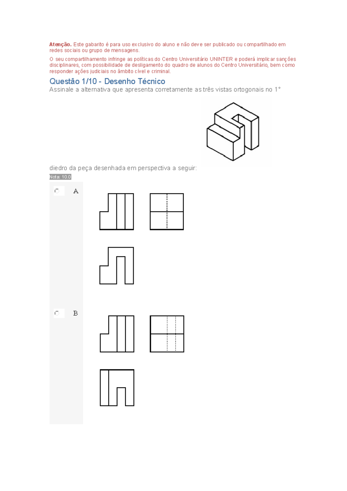 Gabarito Prova Desenho Técnico 3 - UNINTER - Studocu