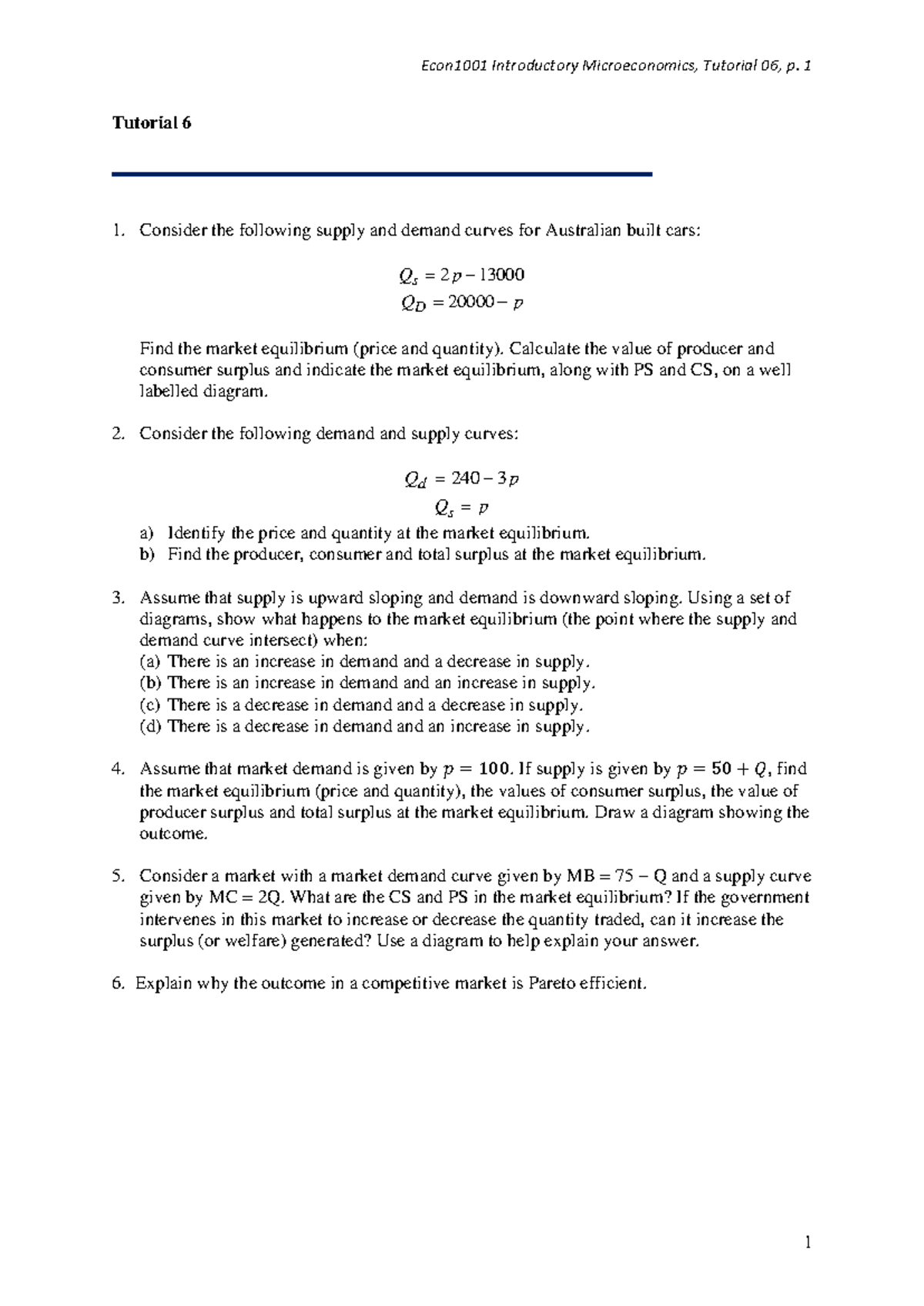Econ1001 Introductory Microeconomics tutorial 06: Market equilibrium ...