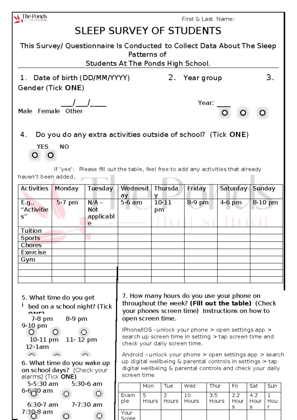 Sleep Survey OF Students - Assessment - SLEEP SURVEY OF STUDENTS This ...