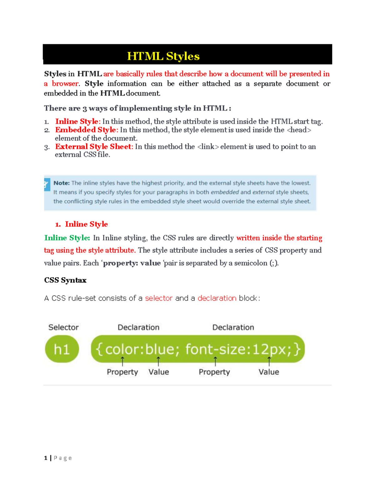 HTML Styles: Inline, Embedded, and External Methods - Studocu