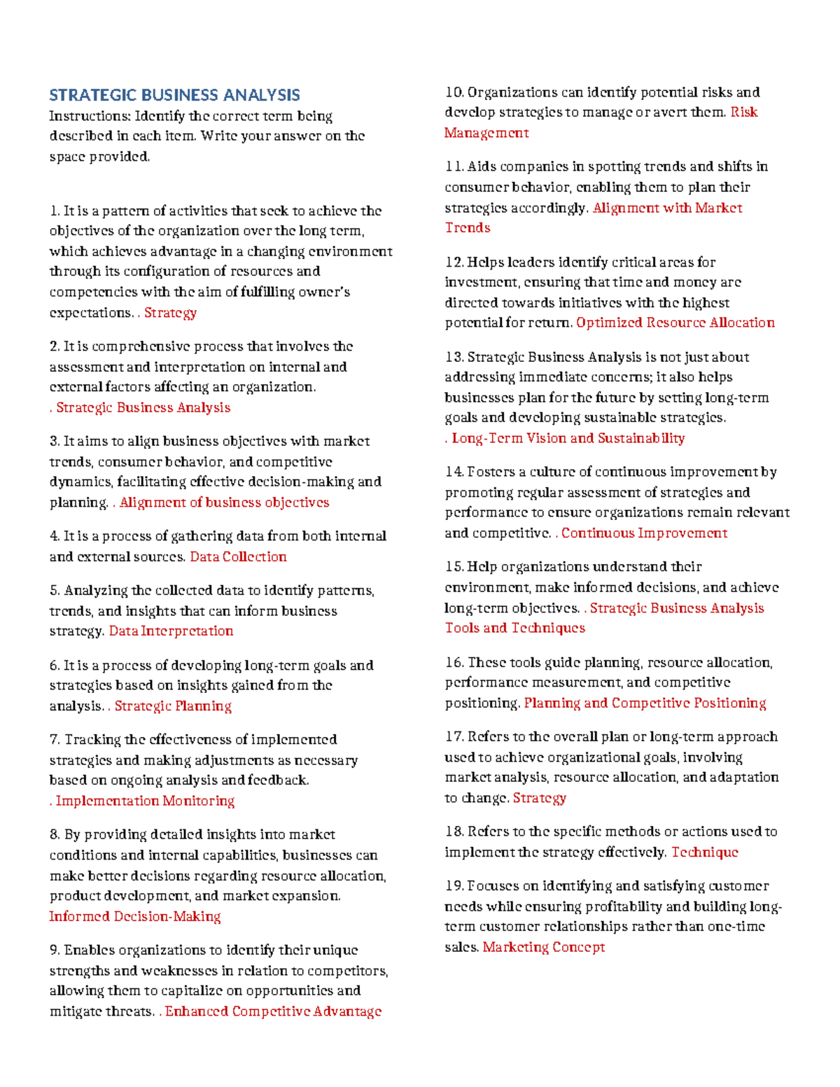 SBA Simulation ALL - Test Bank for Strategic Business Analysis - Studocu
