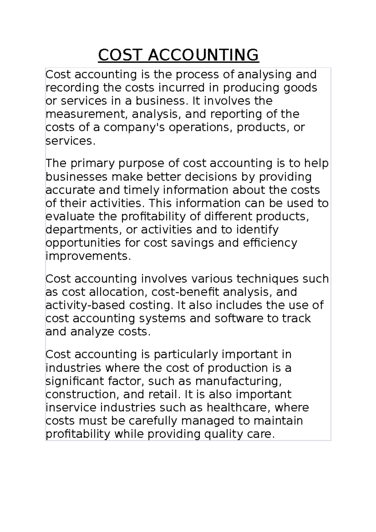 COST 101: Comprehensive Overview of Cost Accounting Principles - Studocu