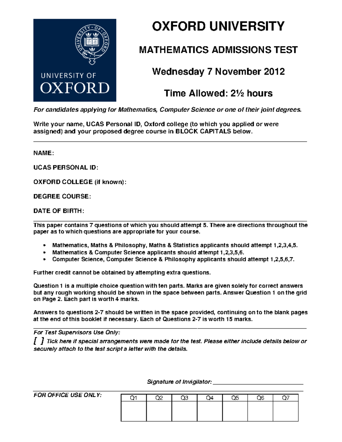 Test12 - past paper - OXFORD UNIVERSITY MATHEMATICS ADMISSIONS TEST ...