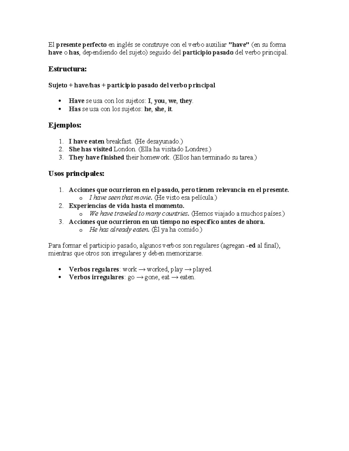 Estructura y Usos del Presente Perfecto en Inglés - Curso de Gramática ...