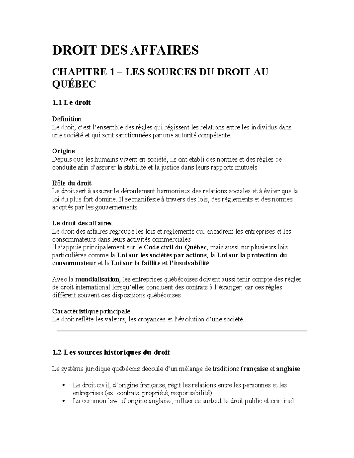 DROIT DES AFFAIRES - CHAPITRE 1 : SOURCES DU DROIT AU QUÉBEC - Studocu