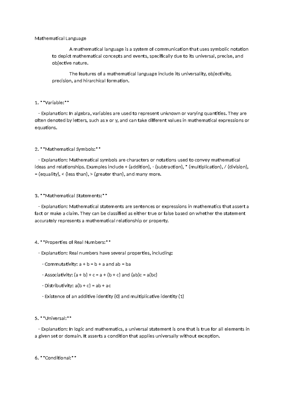 Mathematical Language - The features of a mathematical language include ...