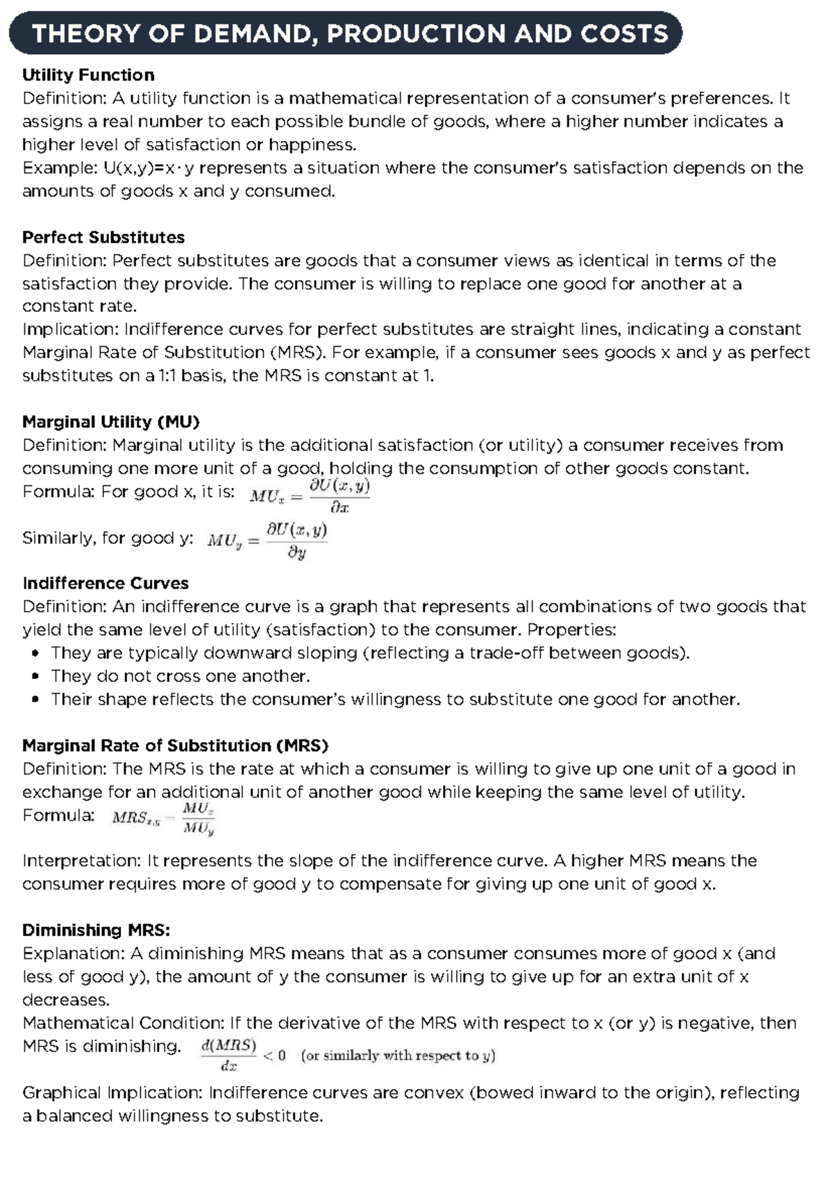 BIE 101: Theory of Demand, Production, and Costs Overview - Studocu