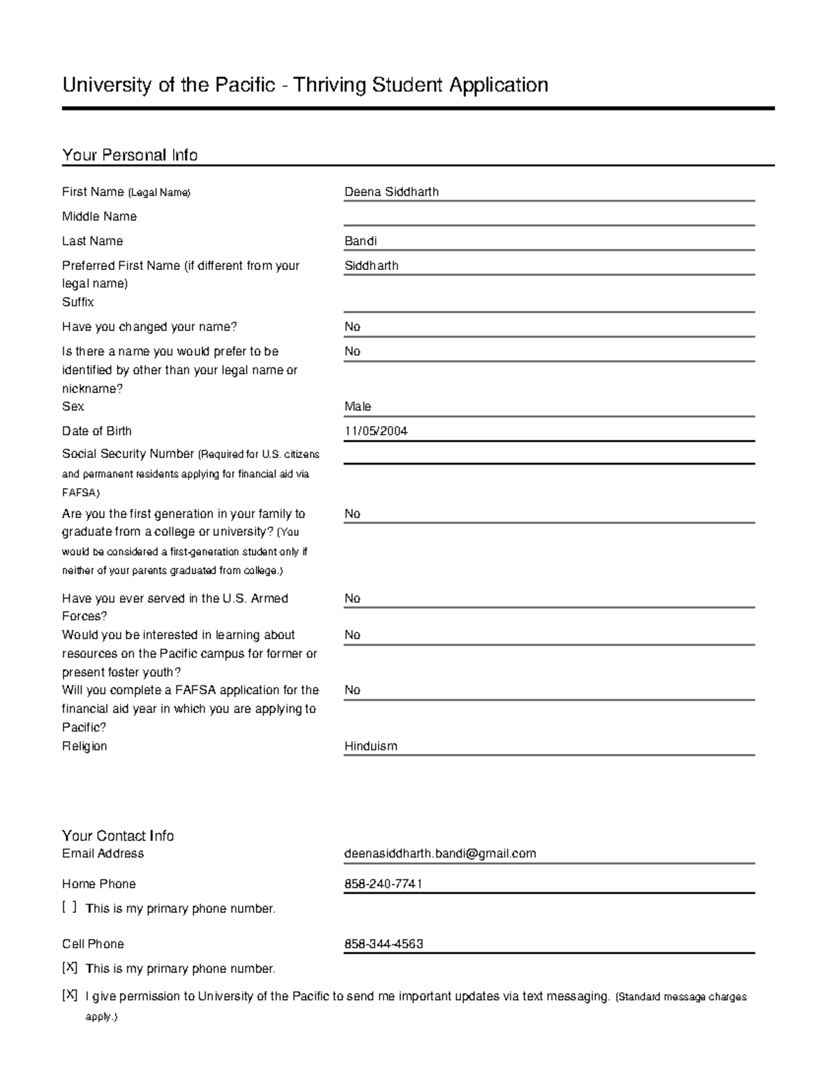 University of the Pacific Application - Personal Information Form - Studocu