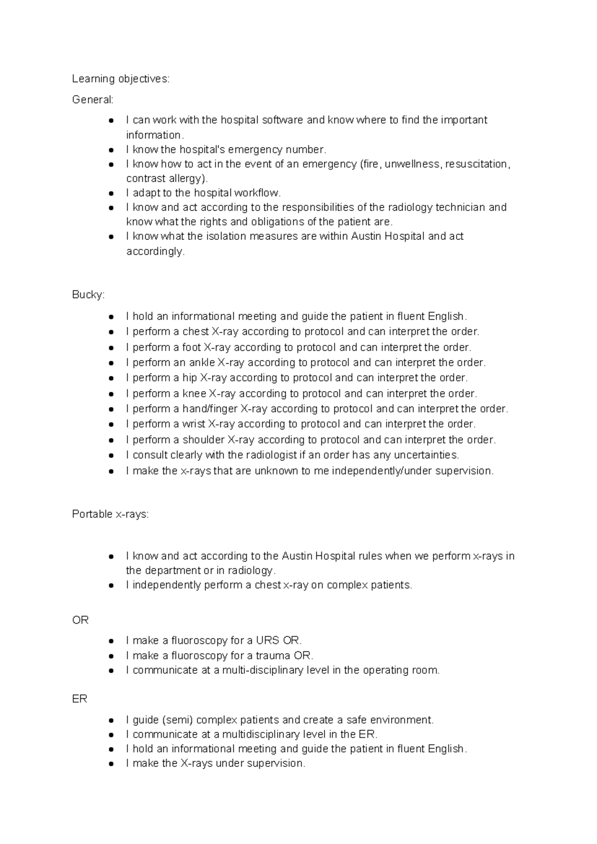 Radiology Technician Learning Objectives for SAM Course - Studeersnel
