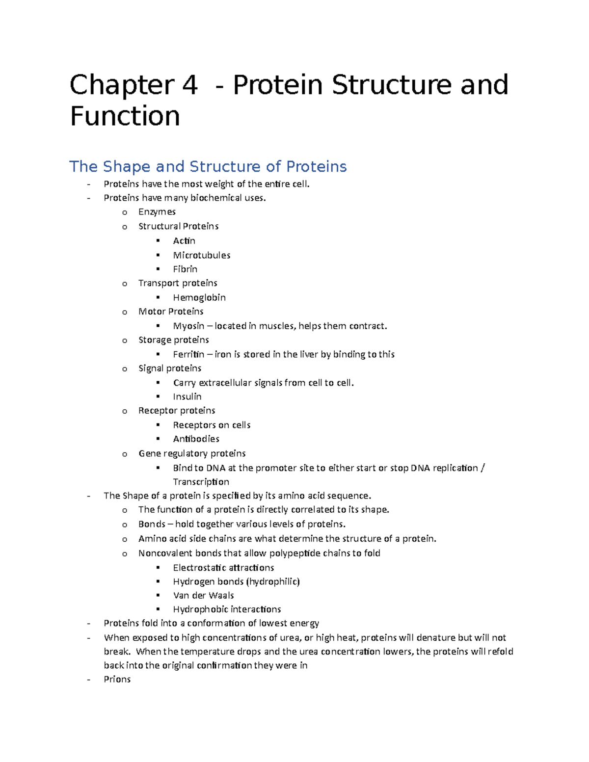 Chapter 4 - Protein Structure and Function Review for Exam 1 - Bitsakis ...