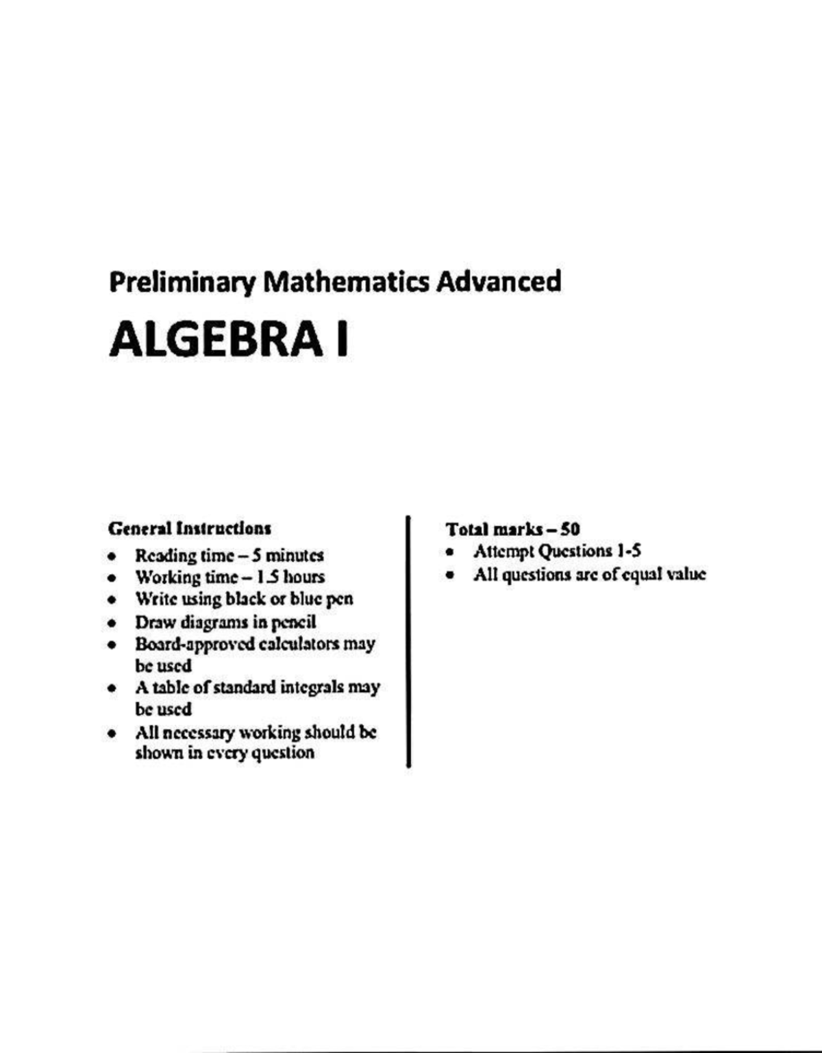 Algebra I Preliminary Test Instructions and Guidelines - Studocu