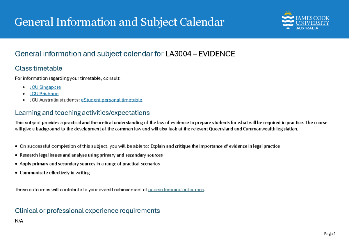 LA3004 - Evidence Class: General Info & Subject Calendar 2026 - Studocu