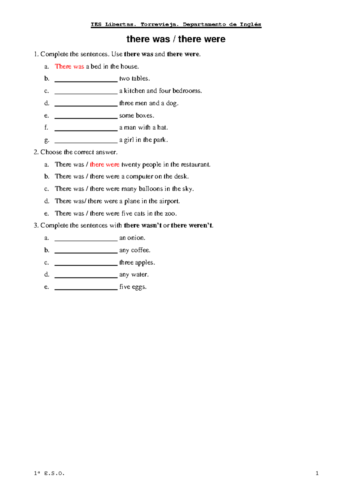 IES Libertas 1º E.S.O. Was/Were Exercises Handout - Studocu