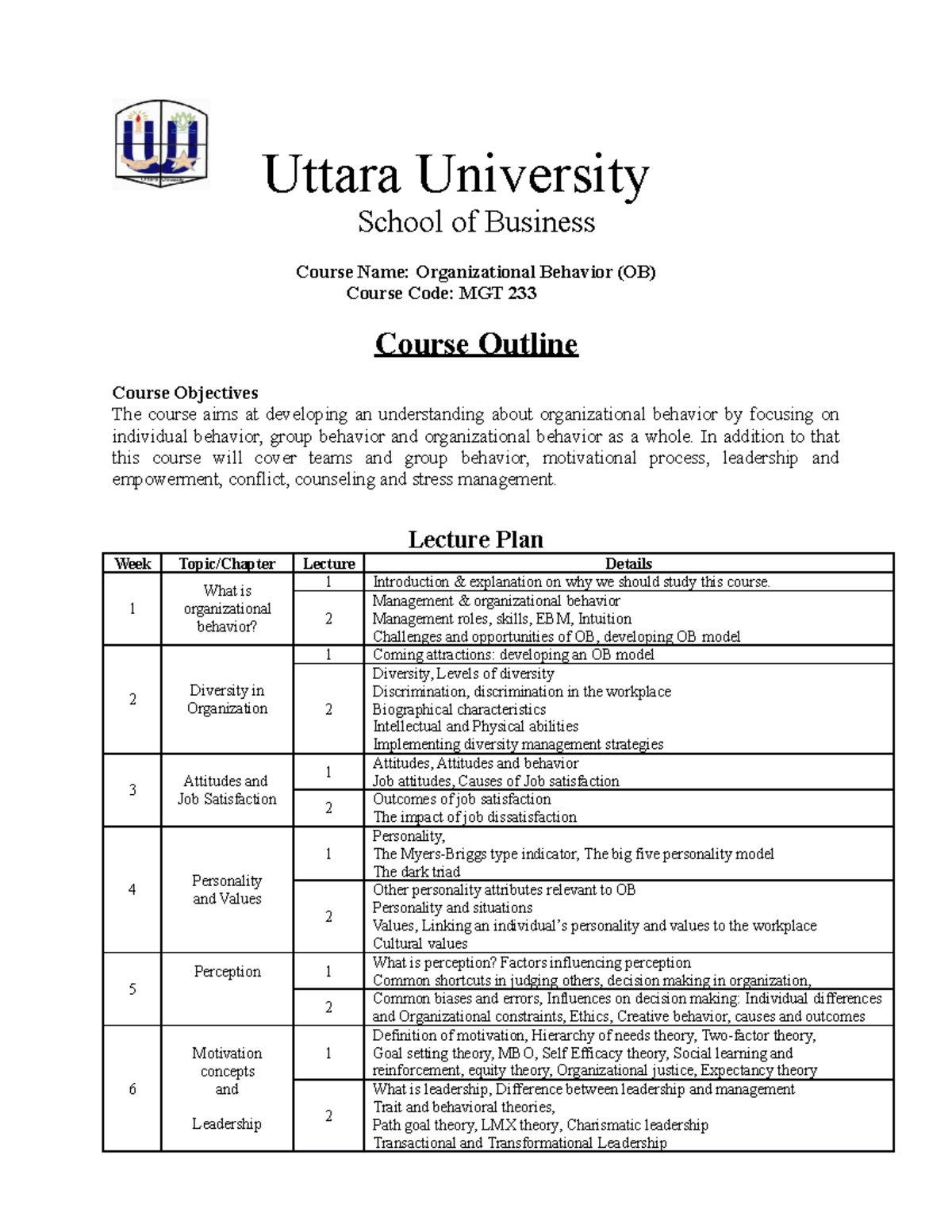 MGT 233 Organizational Behavior Course Outline and Lecture Plan - Studocu