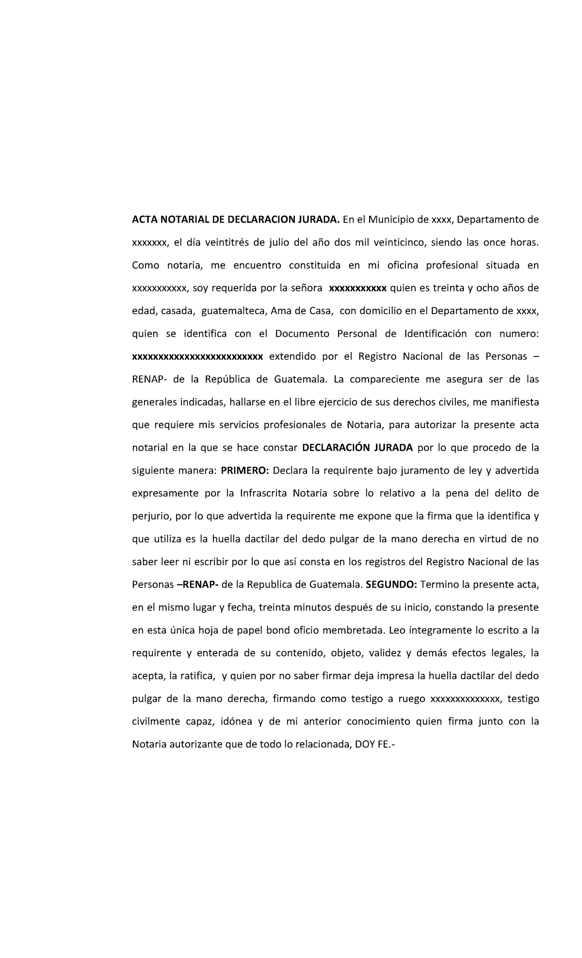 ACTA NOTARIAL DE DECLARACIÓN JURADA - RENAP 2025 - Studocu