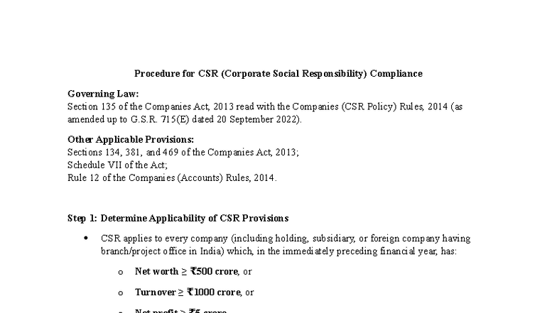 CSR Compliance Procedure: Section 135 of Companies Act, 2013 - Studocu