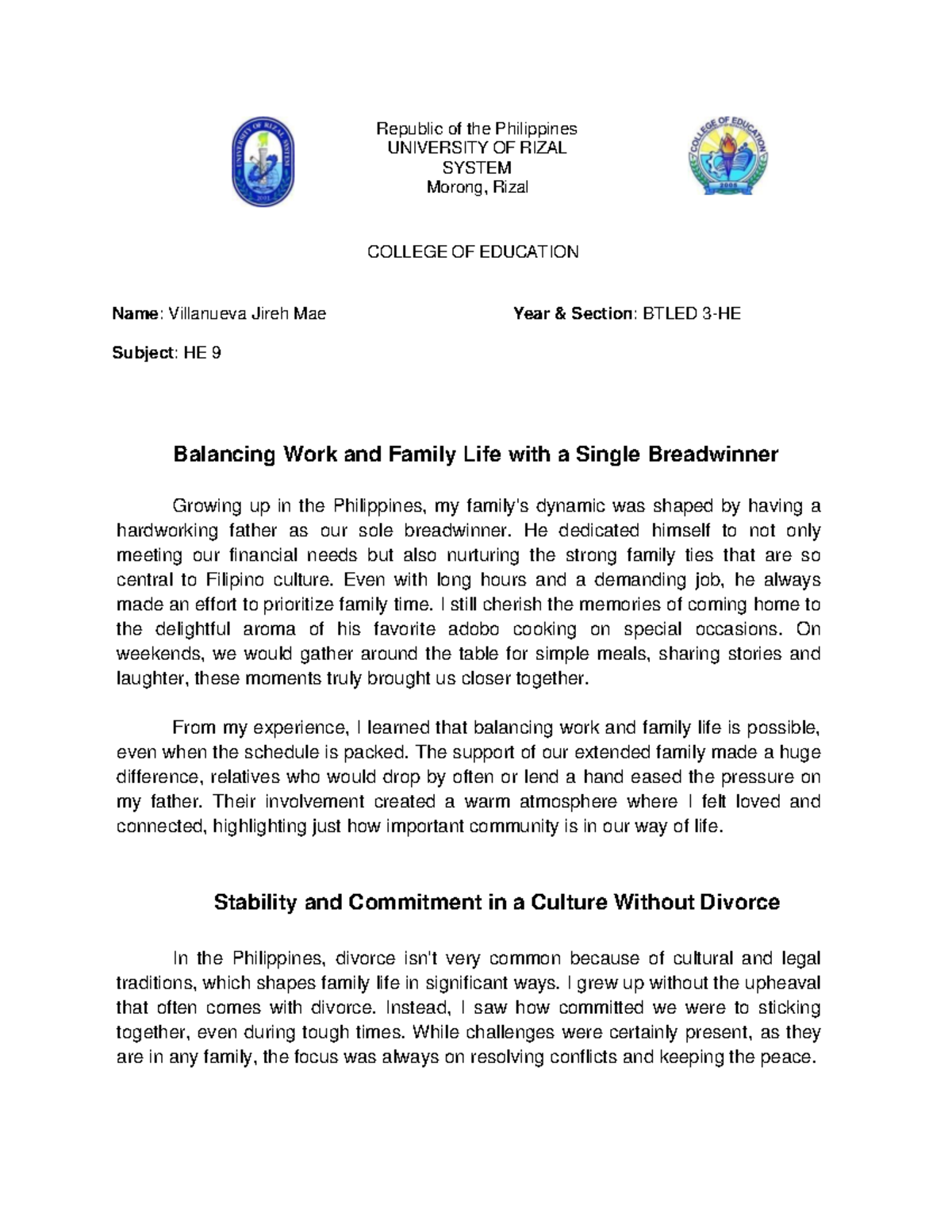 HE 9 essay notes: Balancing work and family life in the Philippines ...