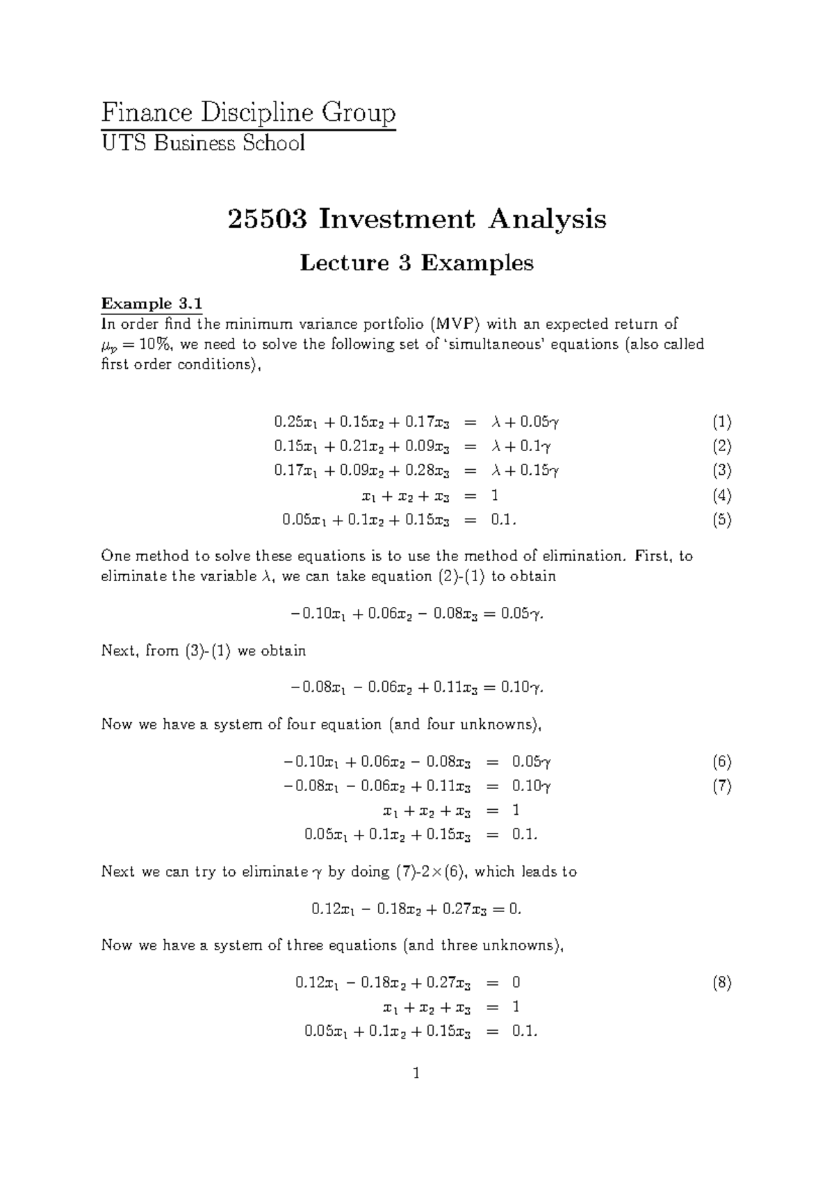 Lecture 3Examples - Investment Analysis - Finance Discipline Group UTS ...