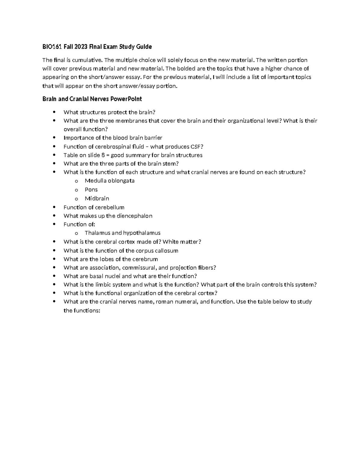 BIO161 Fall 2023 Final Exam Study Guide: Nervous System Focus - Studocu