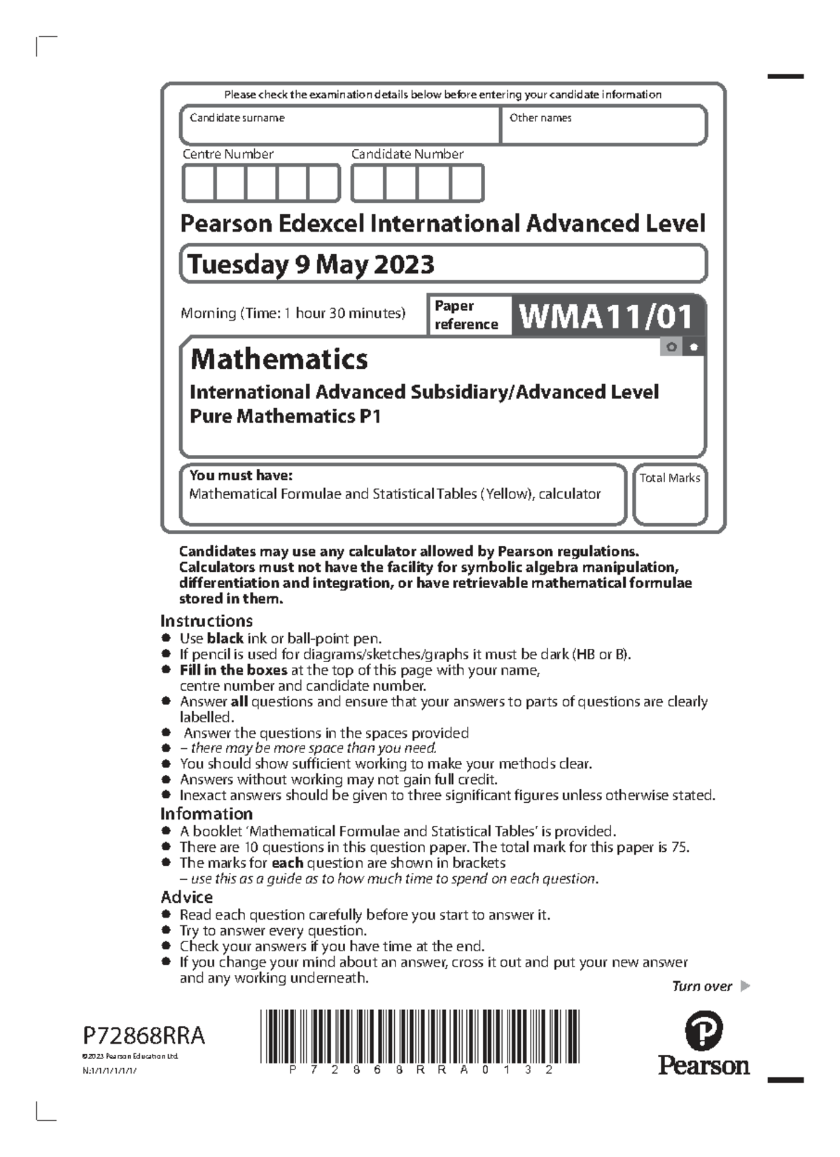 Mathematics IAL Pure Mathematics P1 Exam Paper - May 9, 2023 - Studocu