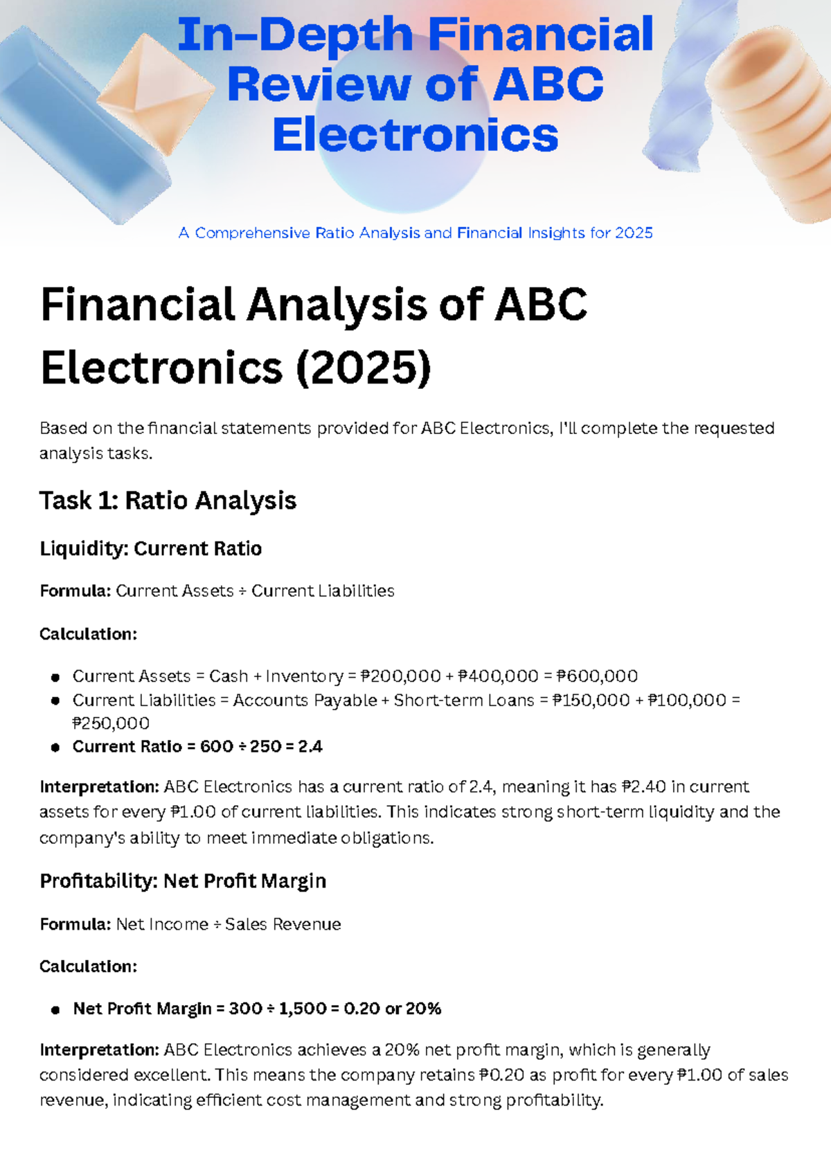 Financial Analysis of ABC Electronics (2025): Ratio Insights ...