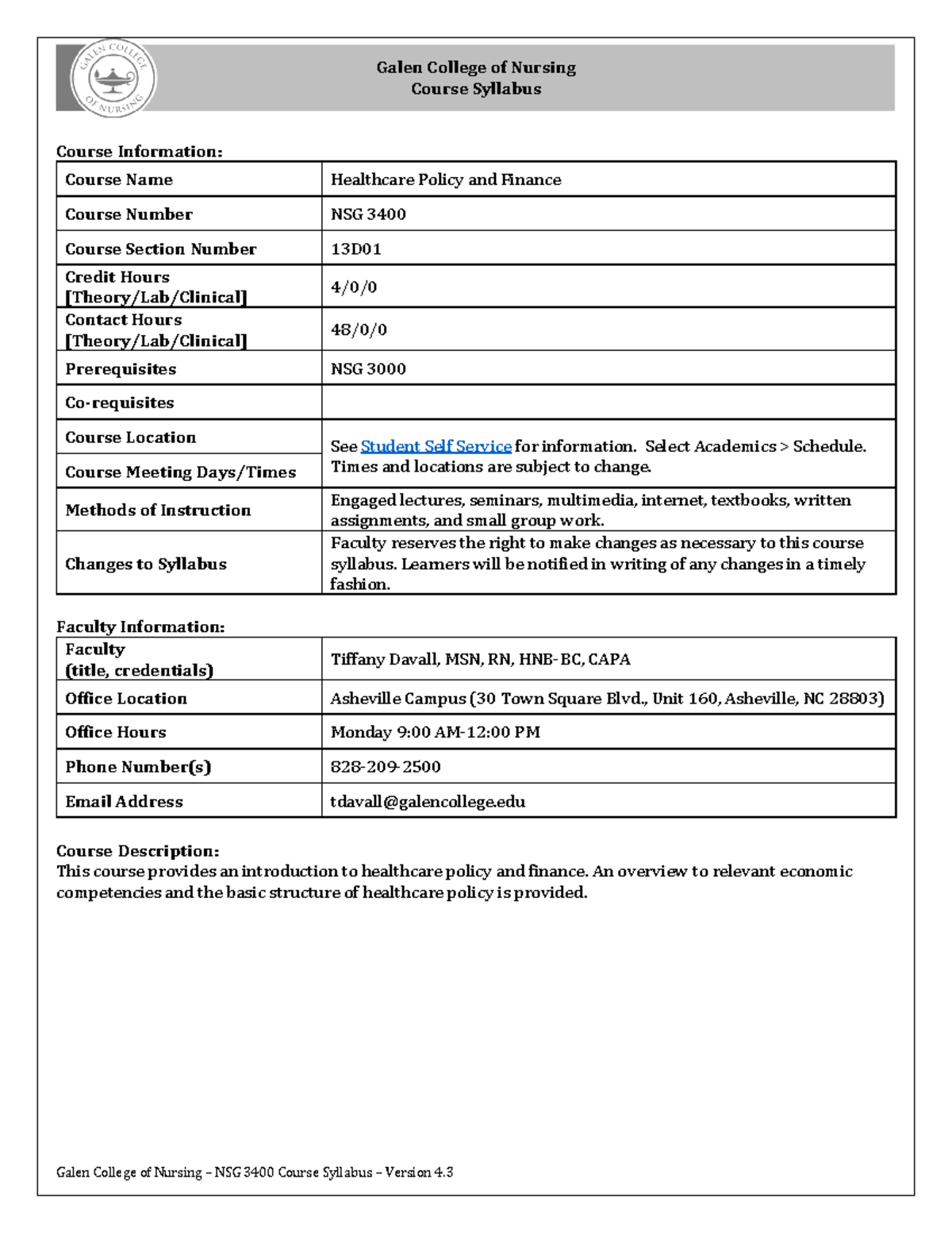 NSG 3400 Healthcare Policy and Finance Course Syllabus - Studocu