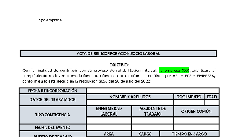 ACTA DE REINCORPORACIÓN LABORAL Y SEGUIMIENTO - RESOLUCIÓN 3050 - Studocu