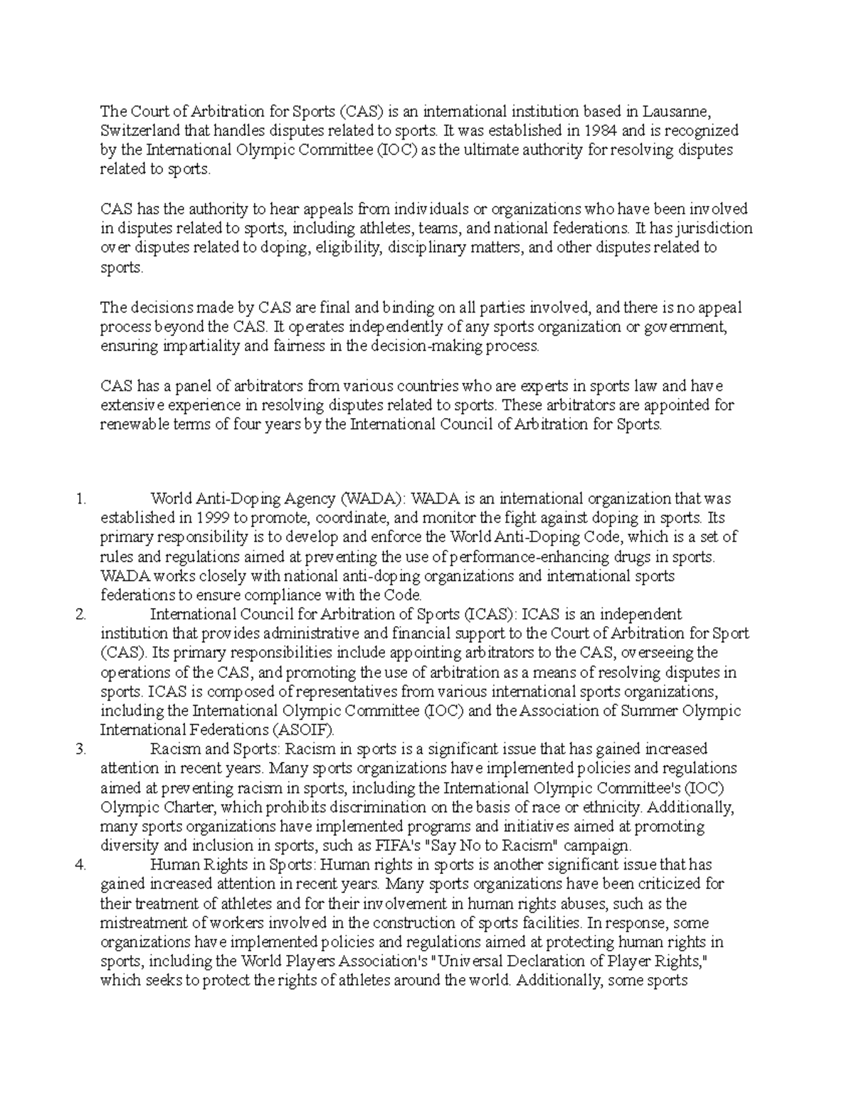Sports Regulations and Dispute Resolution Notes - Studocu