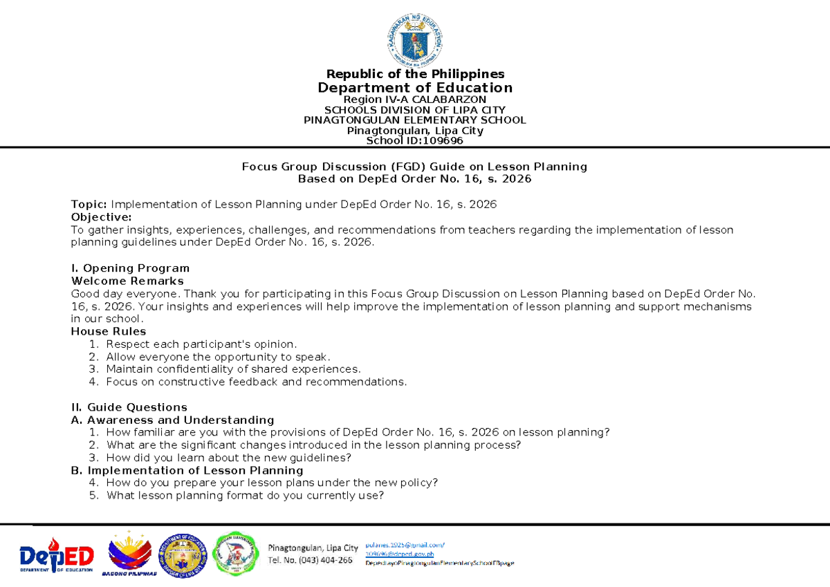 FGD Guide on Lesson Planning Implementation - DepEd Order No. 16, s ...