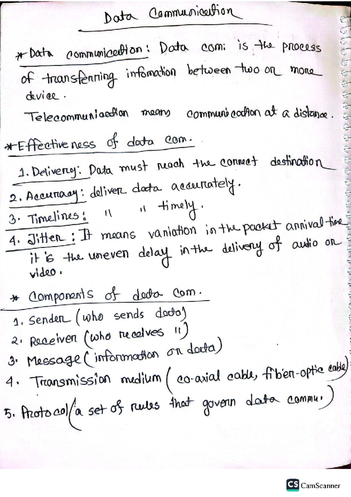 CS - Data Communication Lecture Notes: Key Concepts and Components ...