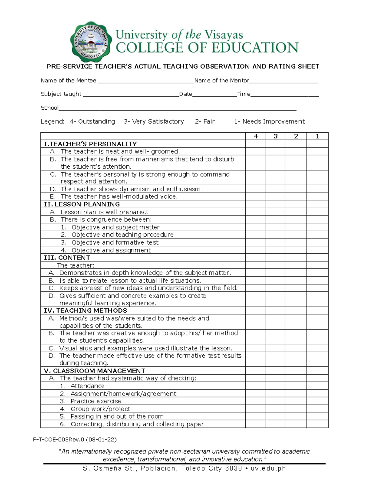 F-T-COE-003-Pre-Service-Teachers-Teaching-Observation-Rating-Sheet ...