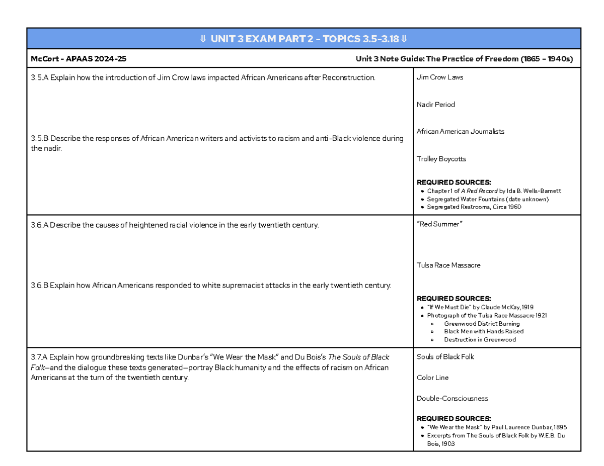 U3 APAAS Note Guide: Examining Jim Crow & African American Responses ...