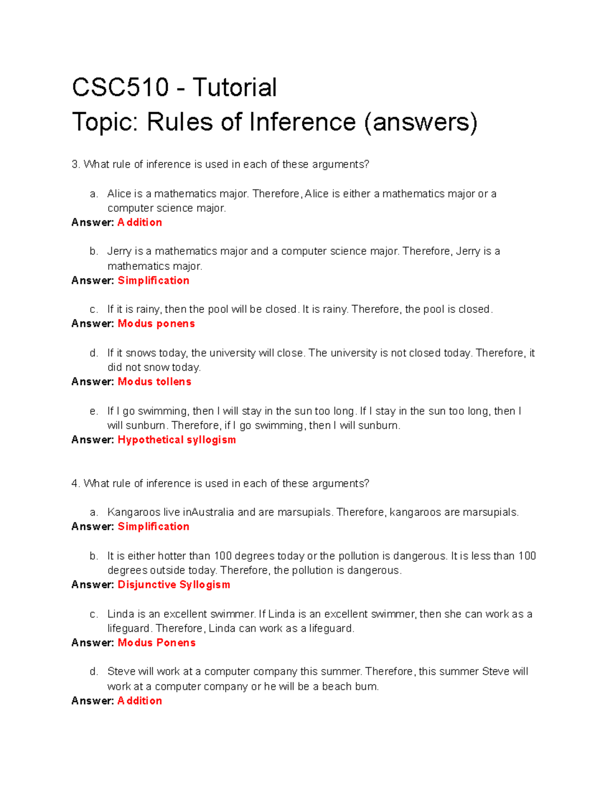 CSC510 Tutorial: Inference Rules Practice Answers and Examples - Studocu