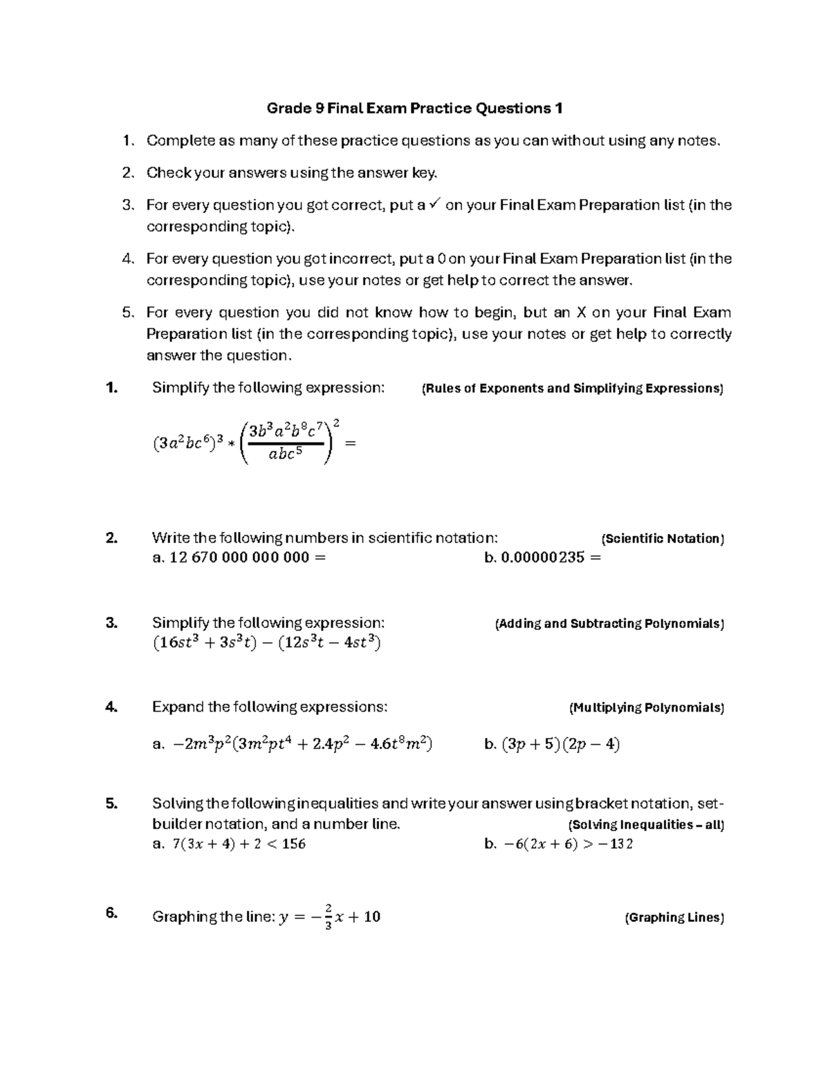 Grade 9 Math Final Exam Review Questions and Practice - Studocu