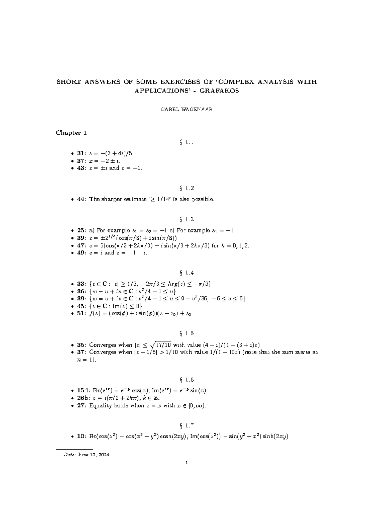 SHORT ANSWERS FOR COMPLEX FUNCTION THEORY EXERCISES (GRAFAKOS ...