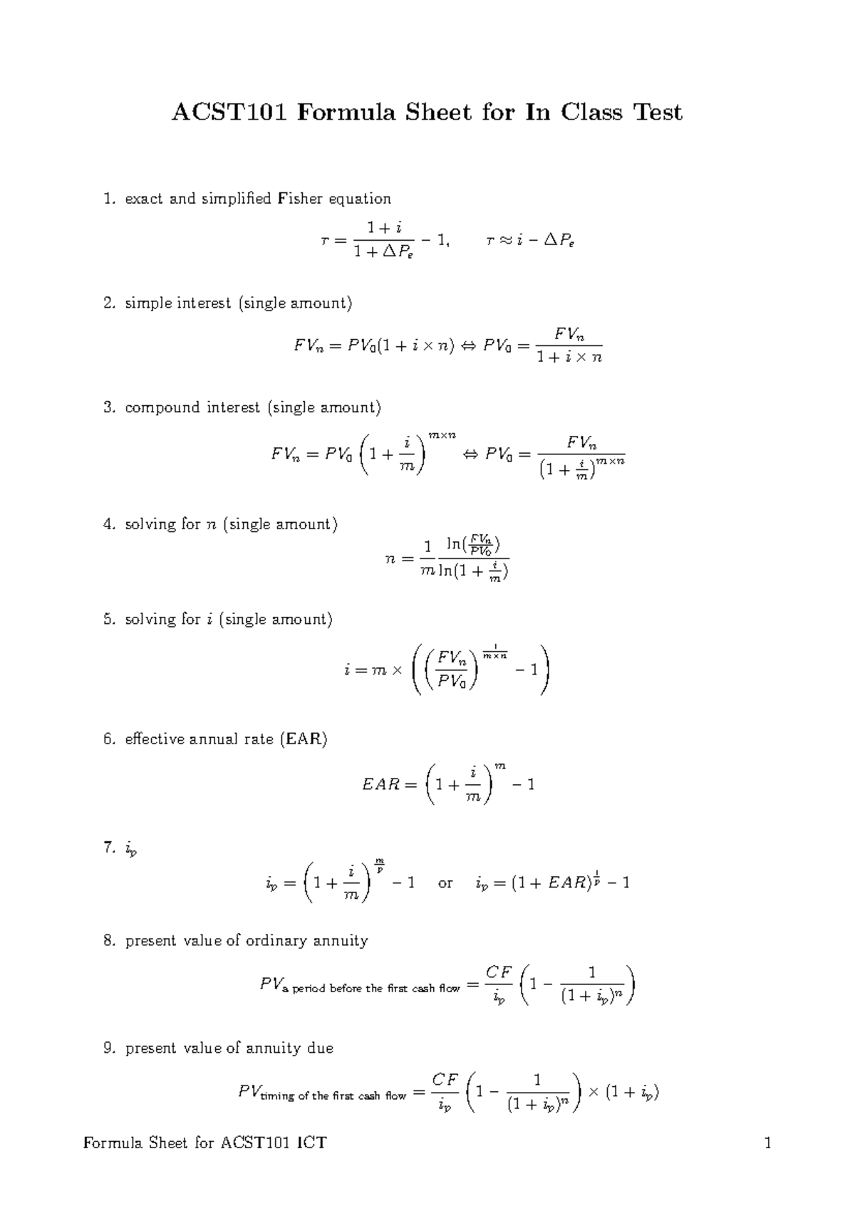 ACST101 - Comprehensive Formula Sheet for In-Class Test - Studocu